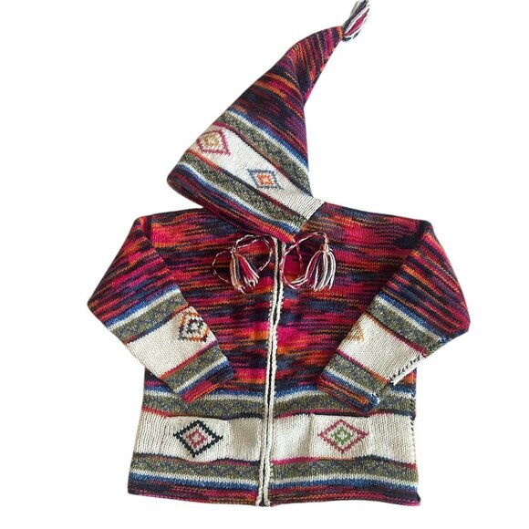 Unisex Rainbow Wool Knit Hoodie Sweater Jacket • M • Tassel Elf Hood Boho Hippie - Picture 1 of 9